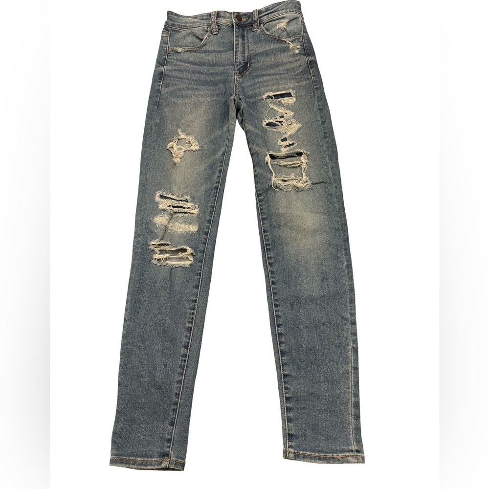 Distressed American Eagle Blue Jeans (Super High-rise Jegging cropped)